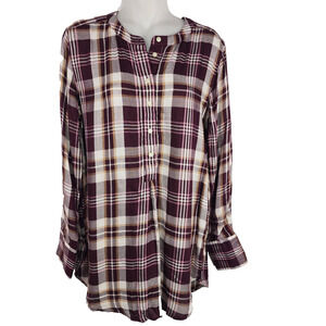LOFT Womens Plaid Henley Popover Blouse Tunic Plum Purple Small Shimmer Relaxed